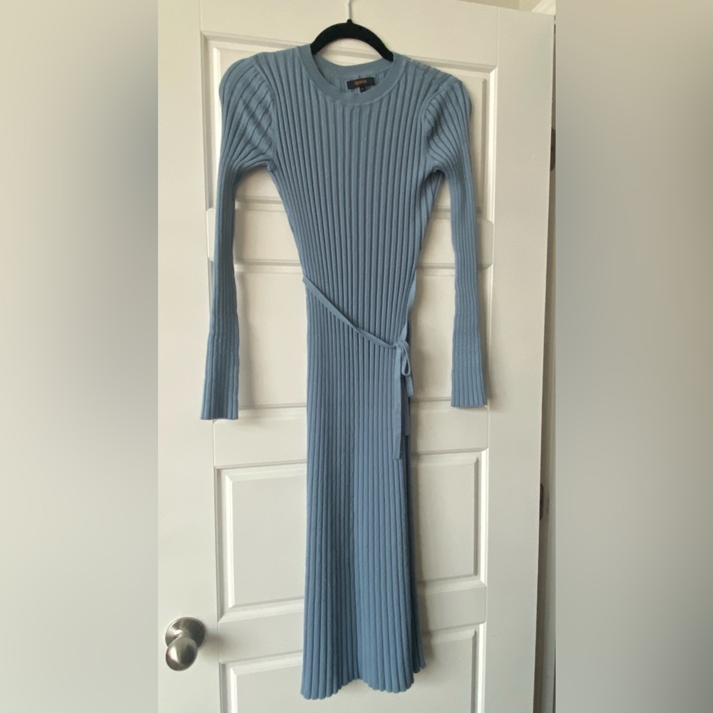 Quince Cotton Cashmere Ribbed Long Sleeve Crew Midi Dress in Mountain Blue